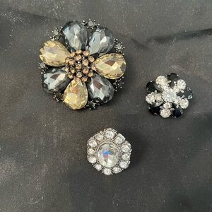 Set of 3 Scatter Brooches 2” 1” 1”Rhinestones  Silver Tone New Blk Gold Bronze